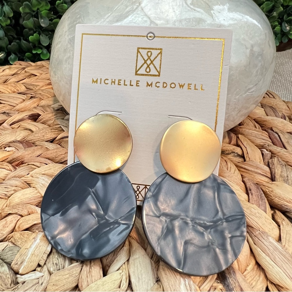 Michelle McDowell Acrylic Earrings Charcoal Gray and Gold Post Back Dangle New